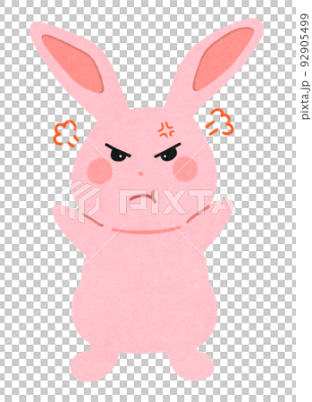 プンスカと怒っているうさぎのイラスト　輪郭＝一部実線＆カラー　ピンクうさぎ 92905499