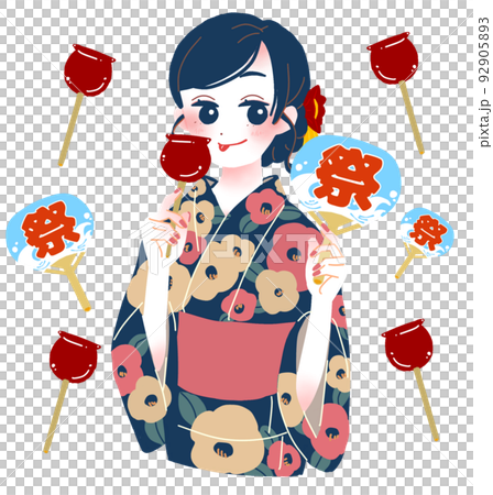 りんご飴とうちわを持つレトロ柄の浴衣を着た女性のお祭りセット 92905893