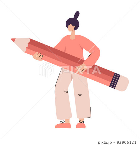 Vector cute flat woman artist with pensil for draw writer. Flat simple girl education illustration for web template, landing page 92906121