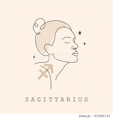 Sagittarius zodiac sign. One line drawing. Astrological icon with abstract woman face. Mystery and esoteric outline logo. Horoscope symbol. Linear vector illustration in minimalist style