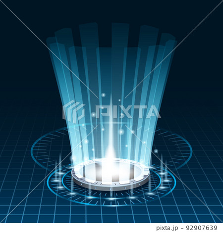 Futuristic portal sky-fi digital, circle science teleport tunnel with light rays and glows, podium, projector. Vector illustration, black blue background 92907639