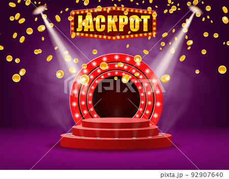 Jackpot shining banner podium platform winner falling gold coins. Round red stage pedestal fo award ceremony. Vector illustration 92907640