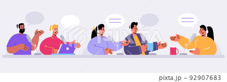 Radio podcast hosts characters sitting at desks Radio podcast hosts characters sitting at desks 92907683