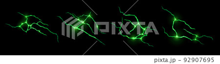 Green lightnings realistic set isolated on black Green lightnings realistic set isolated on black 92907695