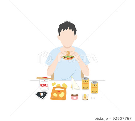 不健康な食事をとる　男性　暴飲暴食　過食症　ドカ食い　イラスト 92907767