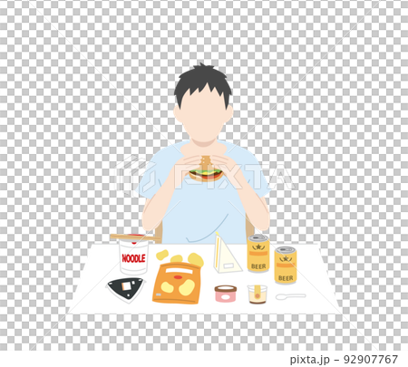 不健康な食事をとる　男性　暴飲暴食　過食症　ドカ食い　イラスト 92907767