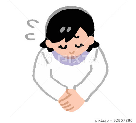 汗をかき頭を下げる私服姿の女性（手書きカラー） 92907890