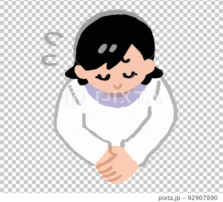汗をかき頭を下げる私服姿の女性（手書きカラー） 92907890