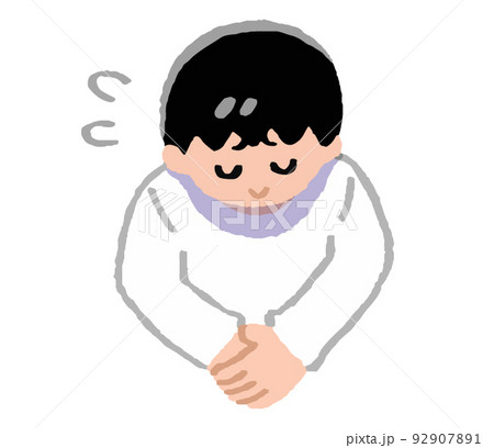 汗をかき頭を下げる私服姿の男性（手書きカラー） 92907891