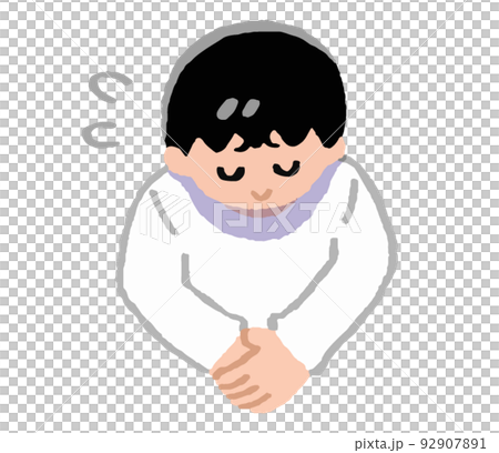 汗をかき頭を下げる私服姿の男性（手書きカラー） 92907891