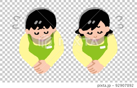 汗をかき頭を下げるエプロン姿の男女（手書きカラー） 92907892