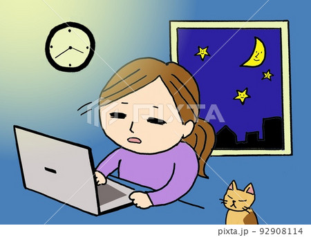 深夜に眠そうにpcで仕事をする女性 残業 在宅ワークのイラスト素材