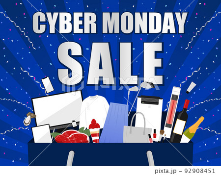 サイバーマンデー 広告テンプレート/ショッピングバッグから飛び出る色々な品 青背景(横向き) サイバーマンデー 広告テンプレート/ショッピングバッグから飛び出る色々な品 青背景(横向き) 92908451