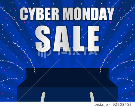 サイバーマンデー　広告テンプレート／ショッピングバッグと飛び出る紙吹雪・テープ　青背景（横向き） 92908452