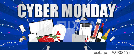 サイバーマンデー　広告テンプレート／ショッピングバッグから飛び出る色々な品　青背景（横長） 92908455