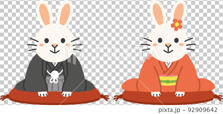 2023年　うさぎ年　年賀状素材　着物を着てお辞儀をするうさぎ　夫婦 92909642