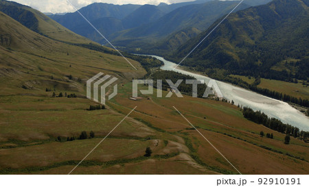 Aerial view from on valley and mountains of Ak-Kem with river Katun in Altai 92910191