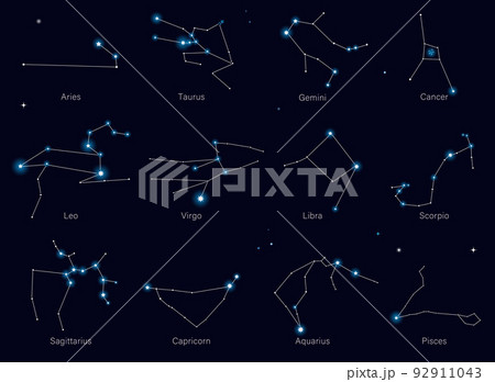 十二星座の星座線のセットイラスト　黒背景　ホロスコープ　星座 92911043