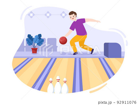 People Play Bowling Game Hand Drawn Cartoon Flat Design Illustration with Pins, Balls and Scoreboards in a Sport Club or Activity Competition 92911076