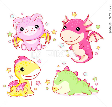 Set of kawaii fairy tale characters. Collection of funny happy baby dragons Set of kawaii fairy tale characters. Collection of funny happy baby dragons 92911770