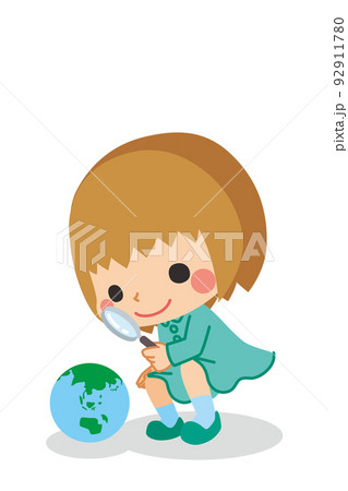 虫メガネで地球を観察する可愛い小さな女の子のイラスト SDGs 白背景 クリップアート 全身 虫メガネで地球を観察する可愛い小さな女の子のイラスト SDGs 白背景 クリップアート 全身 92911780