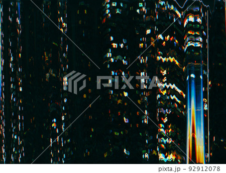 Glitch noise overlay. Bokeh light texture. Electronic defect. Defocused neon blue orange color glowing circles flare on dark black illustration abstract background. Glitch noise overlay. Bokeh light texture. Electronic defect. Defocused neon blue orange color glowing circles flare on dark black illustration abstract background. 92912078