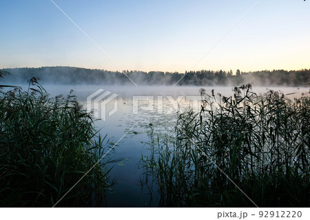 Very beautiful sunrise in summer over a foggy lake. Early morning in summer in nature. Defocused 92912220