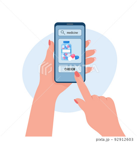 Online pharmacy ordering. Purchase of medicines in mobile application. Woman holding smartphone in hands and buying pills in internet website store. Flat vector illustration 92912603