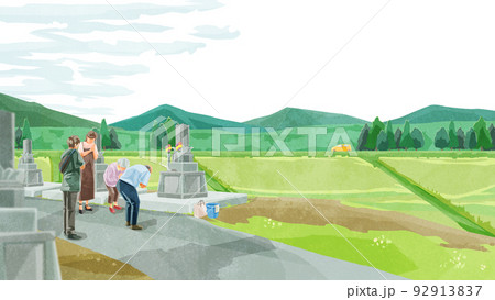お盆にお墓参りする人たち手書き水彩風イラスト 92913837