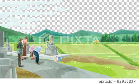 お盆にお墓参りする人たち手書き水彩風イラスト 92913837