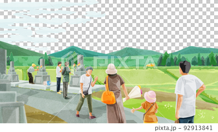 お盆にお墓参りする人たち手書き水彩風イラスト お盆にお墓参りする人たち手書き水彩風イラスト 92913841