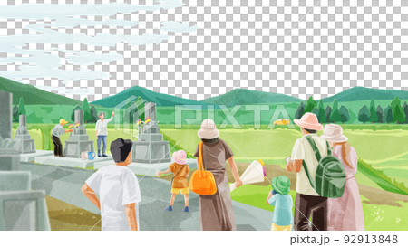 お盆にお墓参りする人たち手書き水彩風イラスト 92913848