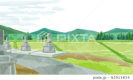 お墓のある田舎の日本風景手描き水彩風イラスト お墓のある田舎の日本風景手描き水彩風イラスト 92913854