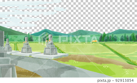 お墓のある田舎の日本風景手描き水彩風イラスト お墓のある田舎の日本風景手描き水彩風イラスト 92913854