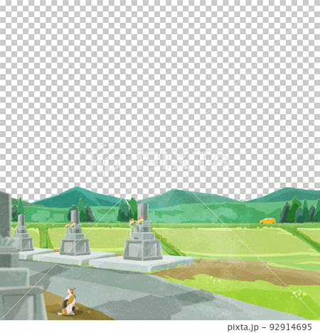 お墓のある田舎の日本風景手描き水彩風イラスト お墓のある田舎の日本風景手描き水彩風イラスト 92914695