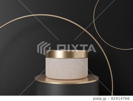 Blank, unbranded cosmetic cream jar standing on golden podium. Skin care product presentation. Elegant mockup. Skincare, beauty and spa. Jar with copy space. 3D rendering. 92914766