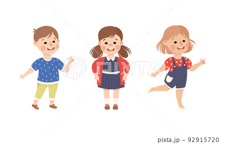 Funny Kids Pointing at Something with Extending Hand and Index Finger Vector Set 92915720