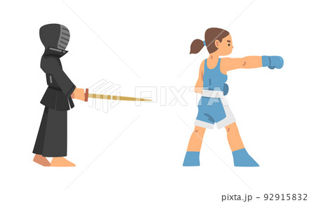 Woman Character Engaged in Combat Sport or Fighting Sport Boxing and Fencing Vector Set Woman Character Engaged in Combat Sport or Fighting Sport Boxing and Fencing Vector Set 92915832