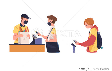 Man and Woman Character Using Contactless Payment with Smartphone for Coronavirus Prevention Vector Set Man and Woman Character Using Contactless Payment with Smartphone for Coronavirus Prevention Vector Set 92915869