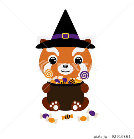 Cute Halloween red panda in witch hat holding a pot with candies. Cartoon animal character for kids t-shirts, nursery decoration, baby shower, greeting card, invitation. Vector stock illustration 92916361