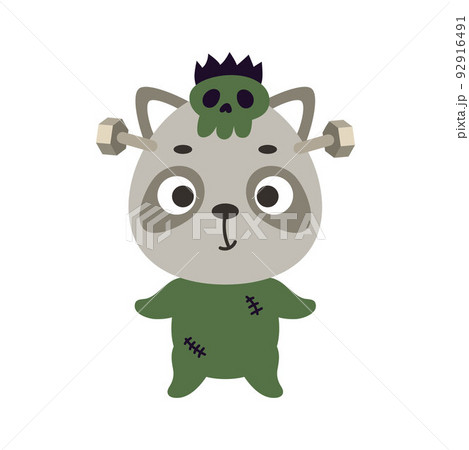 Cute little Halloween raccoon in a Frankenstein costume. Cartoon animal character for kids t-shirts, nursery decoration, baby shower, greeting card, invitation. Vector stock illustration Cute little Halloween raccoon in a Frankenstein costume. Cartoon animal character for kids t-shirts, nursery decoration, baby shower, greeting card, invitation. Vector stock illustration 92916491
