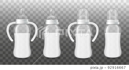 Feeding bottles with milk for babies and infants, realistic vector illustration isolated on transparent background. 92916667