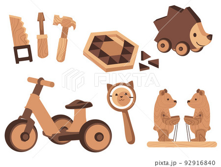 Wooden kids toys and educational puzzle games set vector illustrations isolated. 92916840