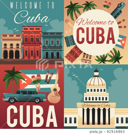 Cuba welcoming posters set with traditional travel elements flat vector illustration. Cuba welcoming posters set with traditional travel elements flat vector illustration. 92916863
