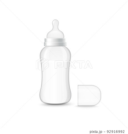 Baby milk bottle with pacifier and removable cap, 3d realistic vector illustration isolated on white background. 92916992