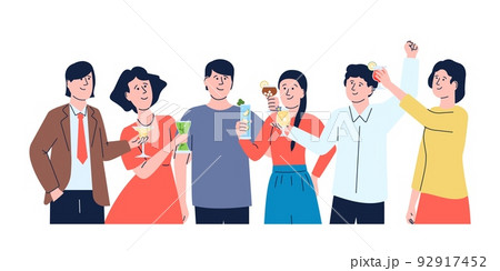 Friends clink glasses cocktails on party. Teen togetherness, drinking alcohol on meeting. Office colleagues event or corporate meet, recent vector characters 92917452
