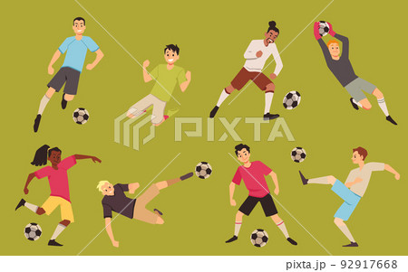 Men team of soccer players, cartoon vector avatars in different poses. Football players kick ball, keep, pass and tackle 92917668