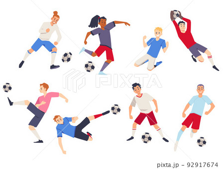 Soccer players kicking ball characters set, flat vector illustration isolated. Soccer players kicking ball characters set, flat vector illustration isolated. 92917674