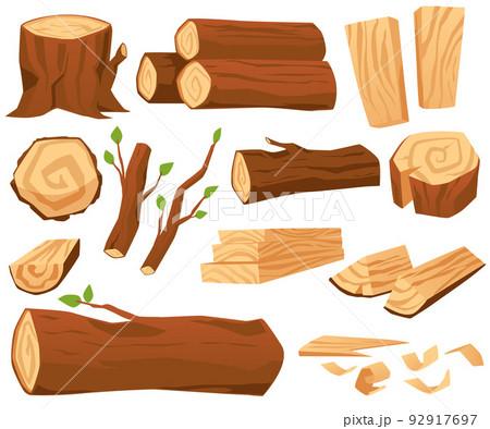 Lumber industry wood logs, trunks, barks and stumps - flat vector illustration isolated on white background. 92917697