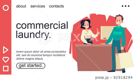 Commercial laundry and public launderette website flat vector illustration. 92918294